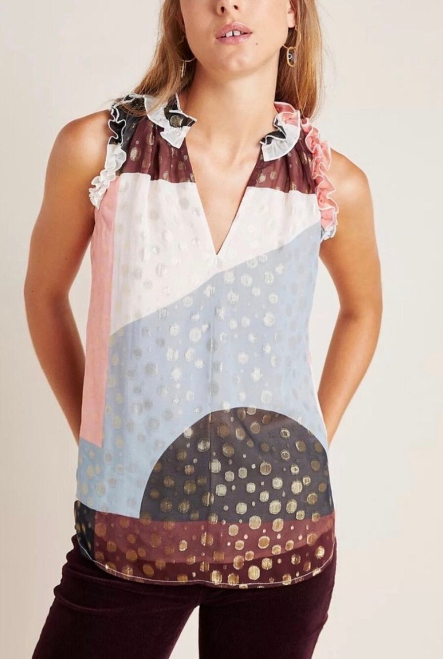 Anthropologie Maeve Fantasia Clip Dot Blouse Ruffle Sleeves Size 10 Office